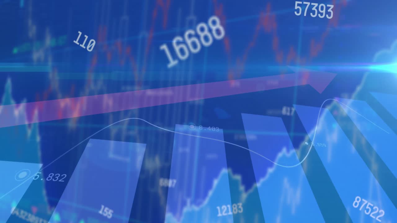 여러 번 변하는 숫자와 빨간 화살표가 파란색 배경에 대한 통계 데이터 처리 위에 있습니다.