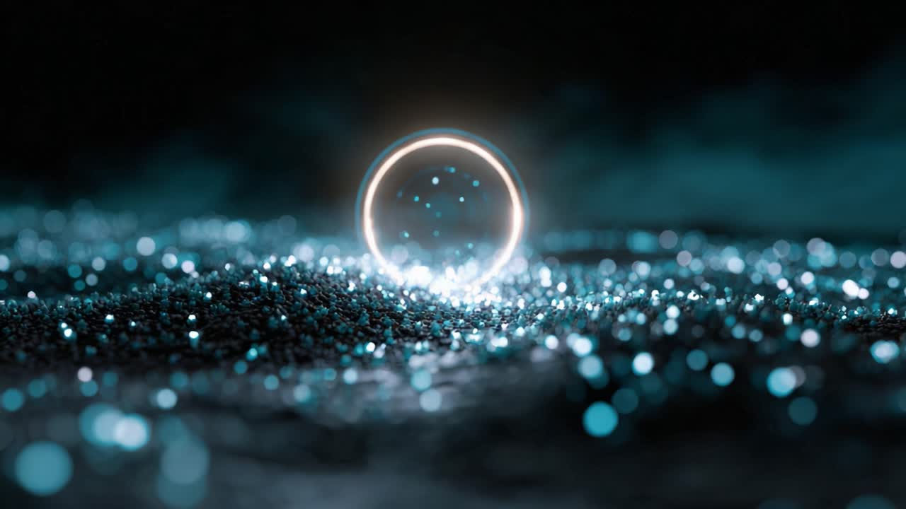 A glowing orb stands out in a mystical landscape, surrounded by shimmering particles and a soft focus that enhances the enchanting atmosphere of the scene