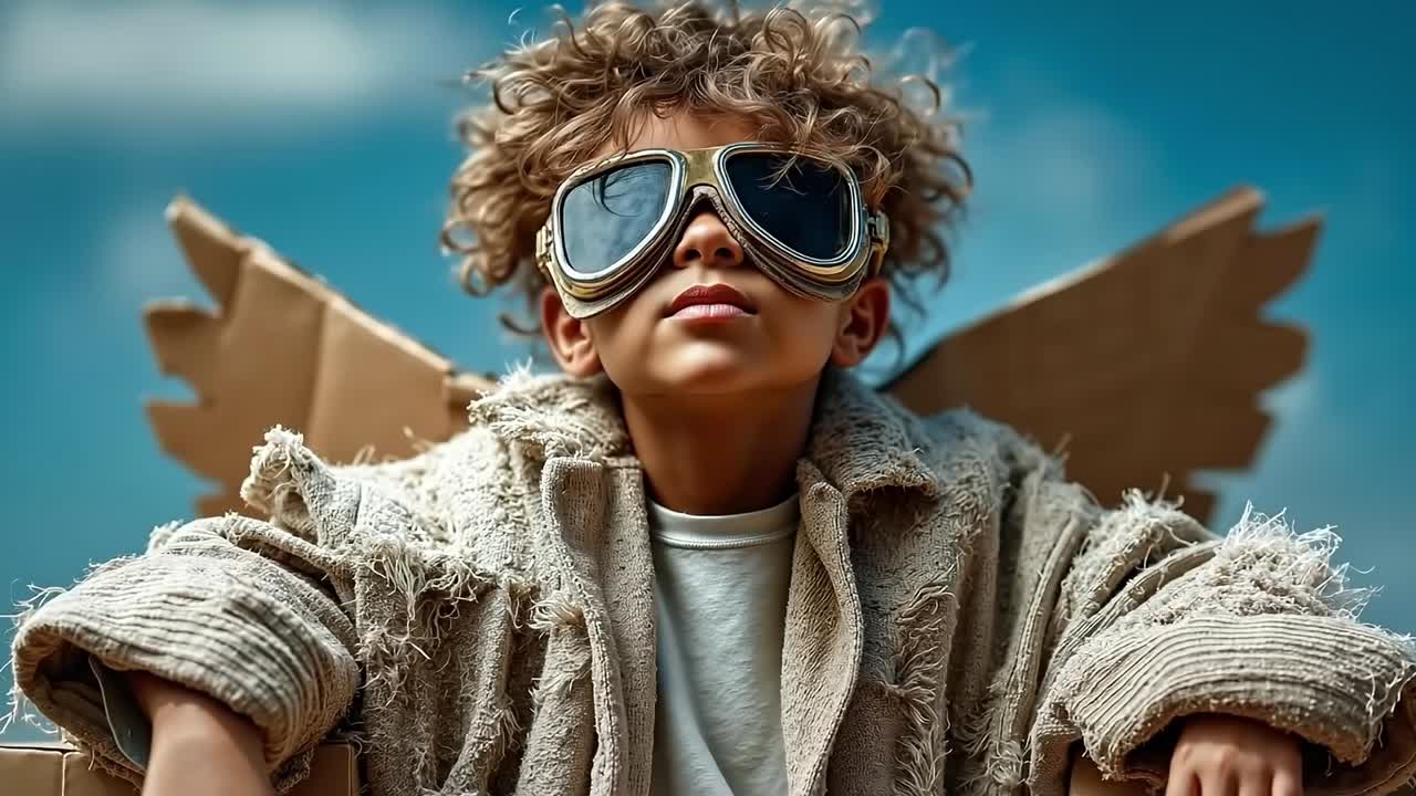 A young boy wearing a jacket and goggles sitting on top of a cardboard box