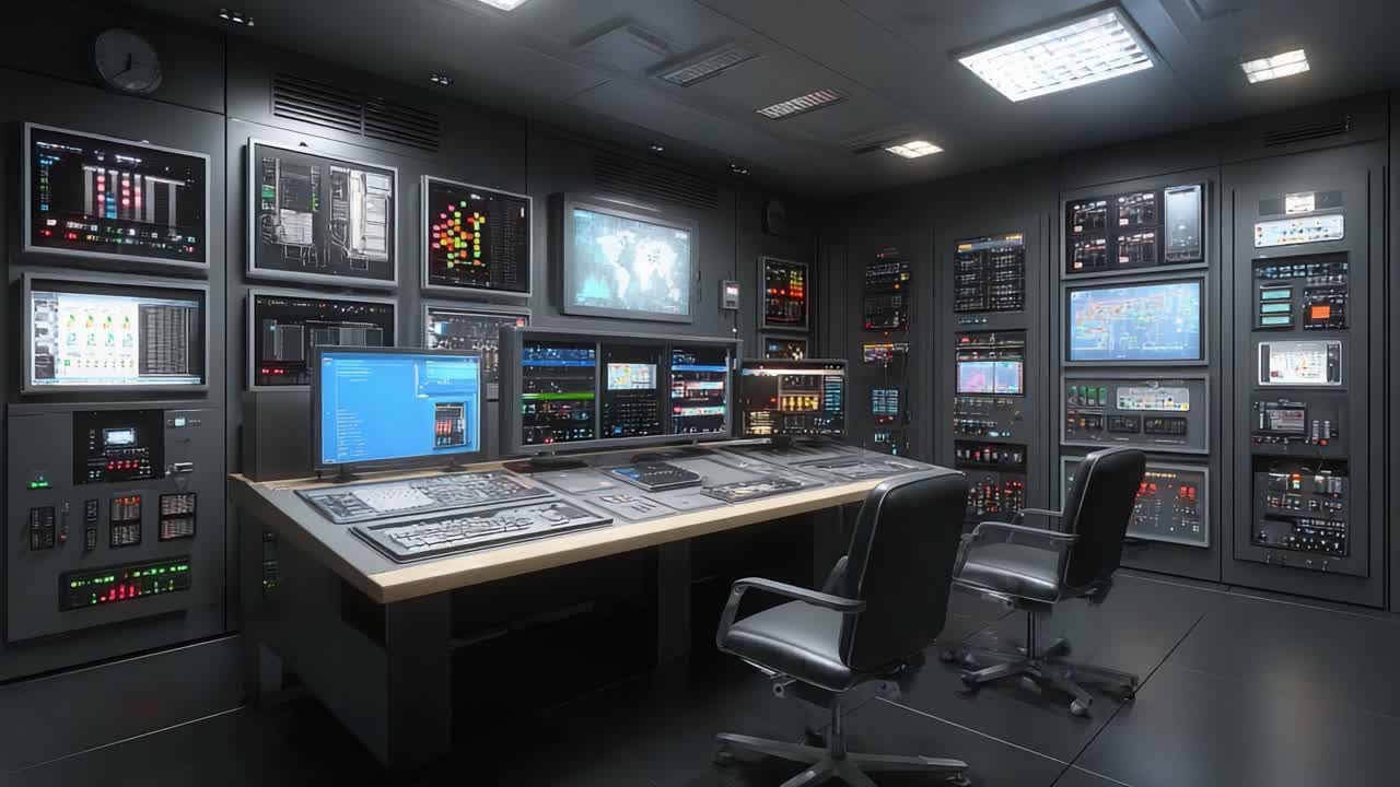 Panoramica della sala di controllo: una visuale dettagliata di un centro di monitoraggio e comando moderno e high-tech, dotato di tecnologie e attrezzature avanzate per la gestione dei dati e le operazioni