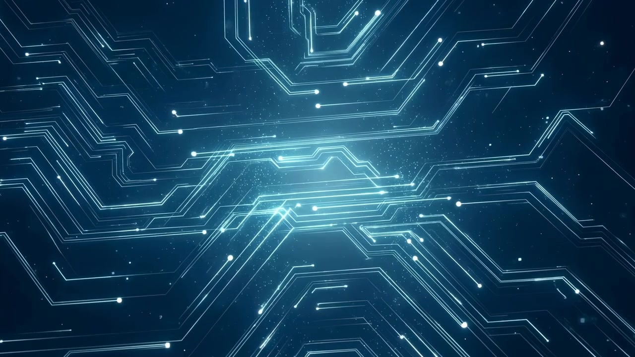 Glowing Circuit Board Pathways And Pulsing Node Lights Over Deep Blue Field, Intricate Connections