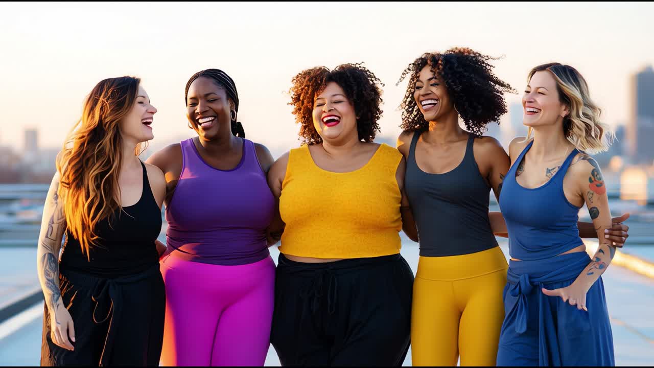 A joyous celebration of friendship and body positivity among five diverse women, showcasing their strong bonds, confidence, and uplifting spirit against a vibrant urban backdrop