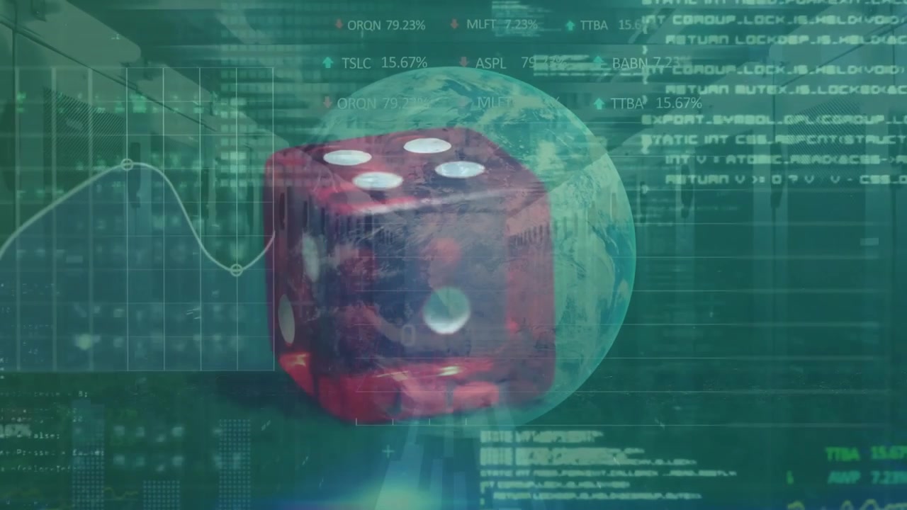 Animation af finansiel databehandling med terninger og globus over et serverrum.