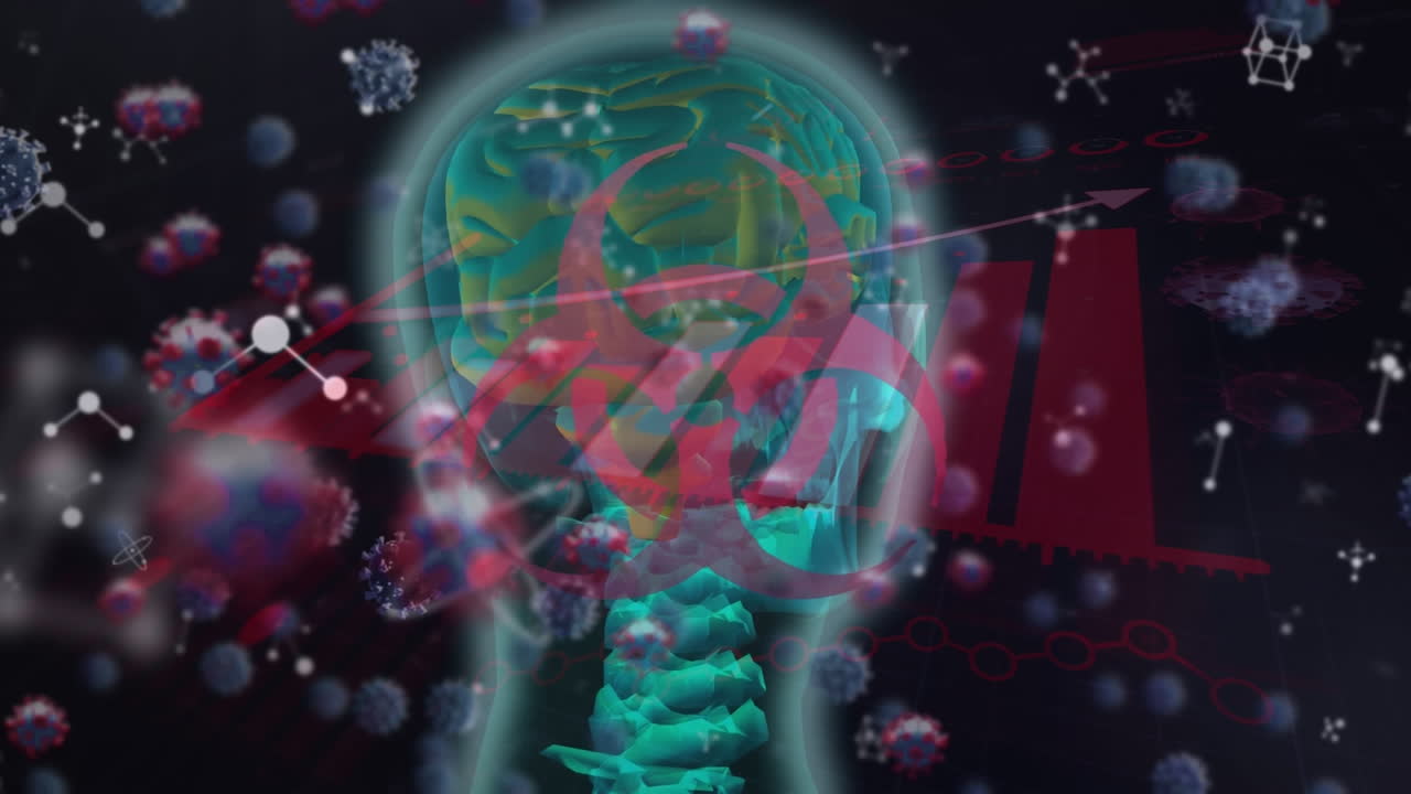 생물학적 위험의 상징, 코로나19 세포, 통계 및 인간의 머리의 애니메이션