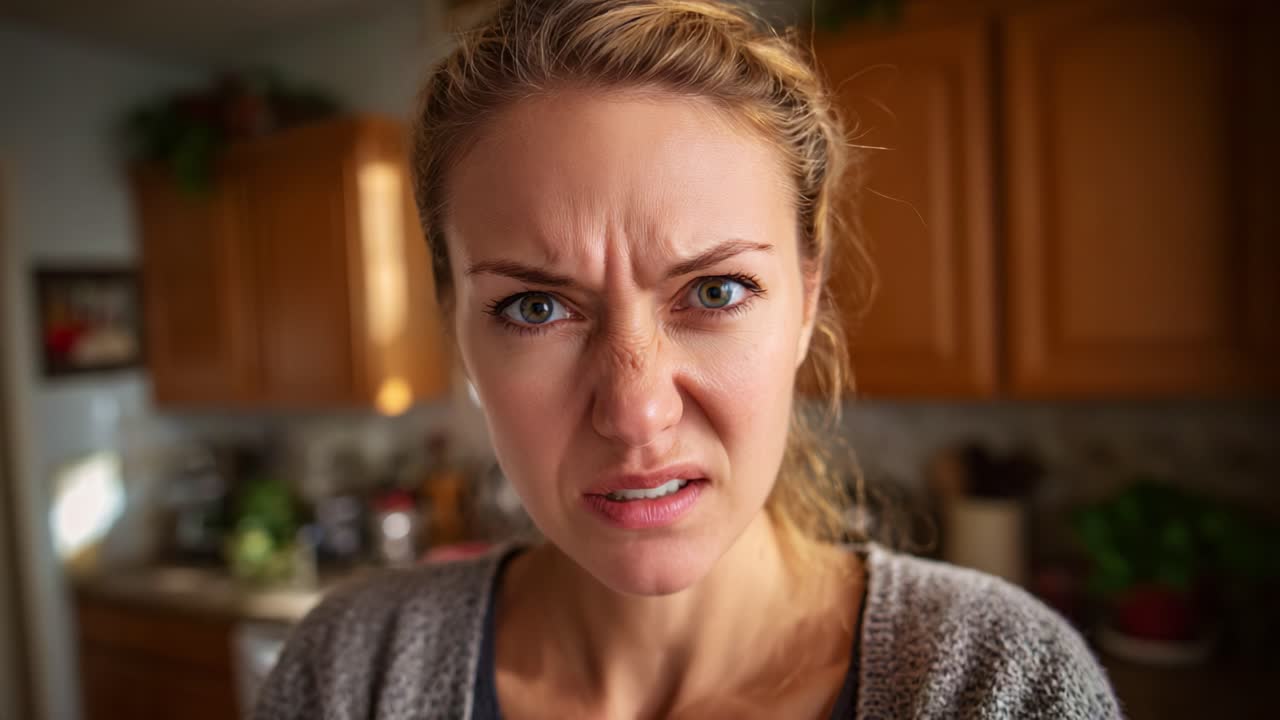 Frustrated Expression Captured in Two Consecutive Frames, Showcasing an Intense Emotional Reaction Amidst a Cozy Kitchen Environment