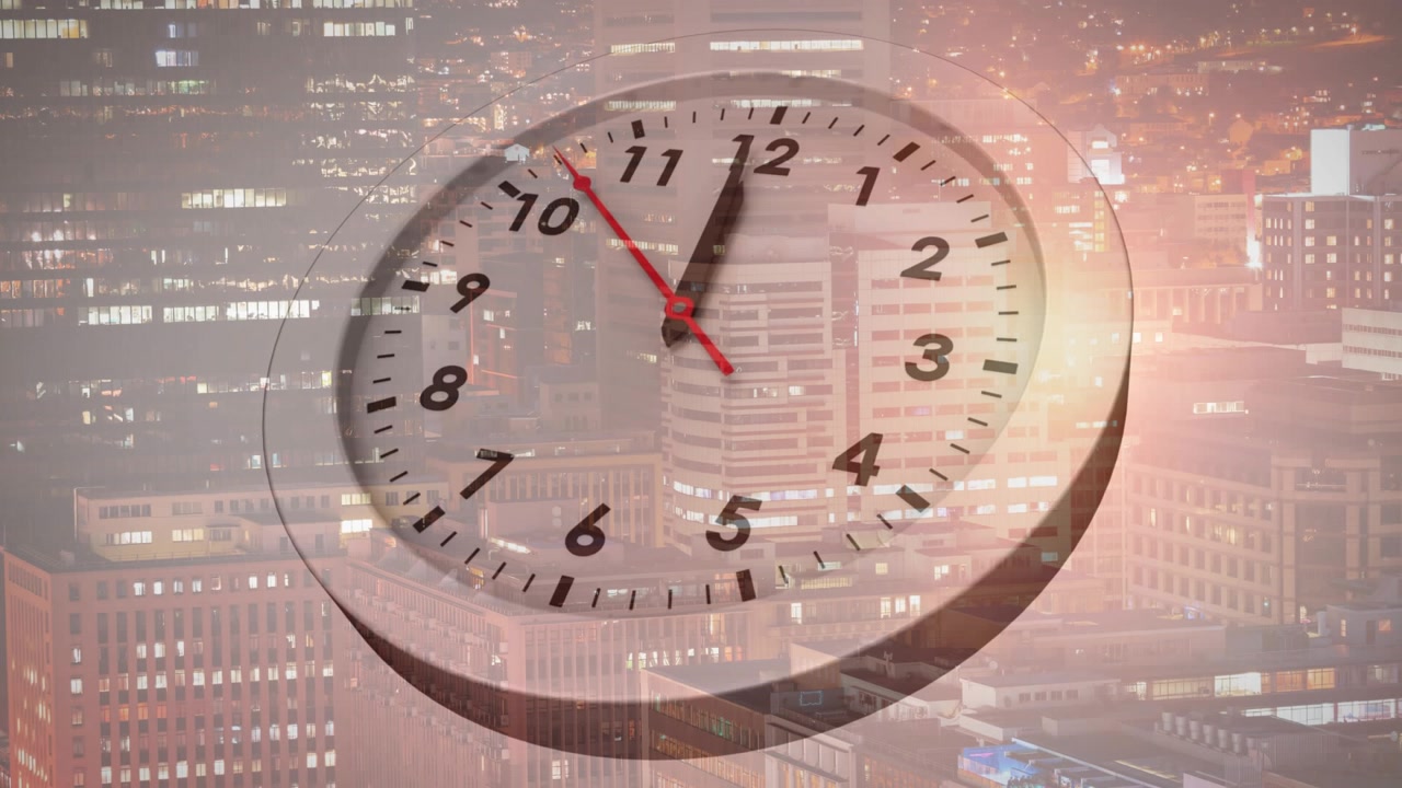 Frame1 causing red second hand moving clockwise on semi-transparent clock over skyline for business
