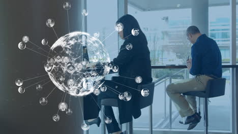 animation of profile pictures around globe over asian businesswoman working on laptop