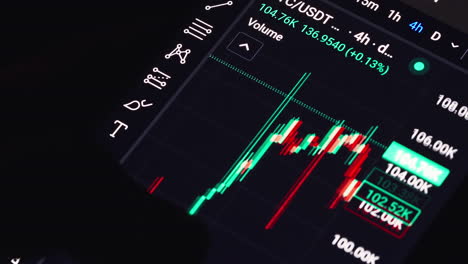 hand scrolling dynamic crypto market charts on a smartphone, illuminated at night. perfect for finance, investment, or tech projects