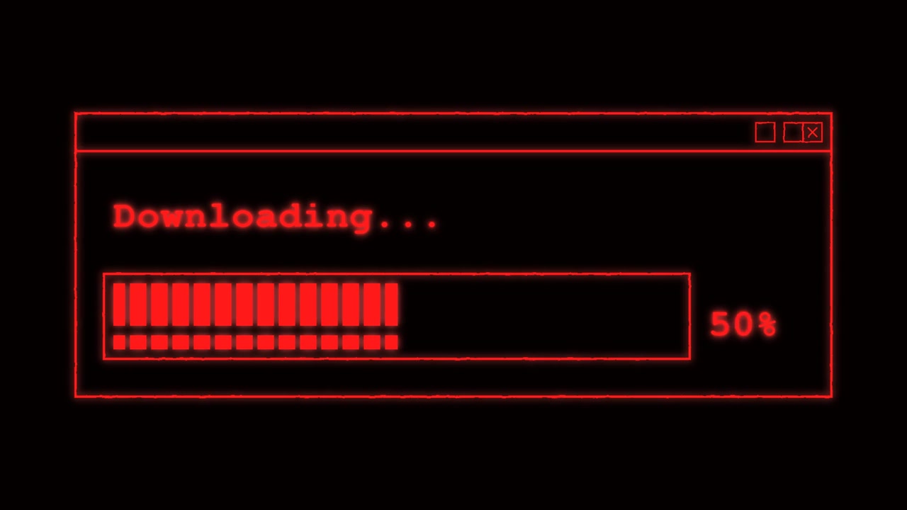 Red Neon Digital Progress Bar Downloading on Black Background
