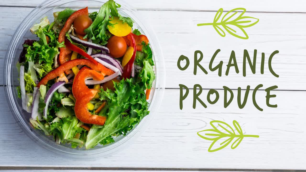 하 표지판에 신선한 러드 그 위에 초록색으로 유기농 제품 텍스트의 애니메이션