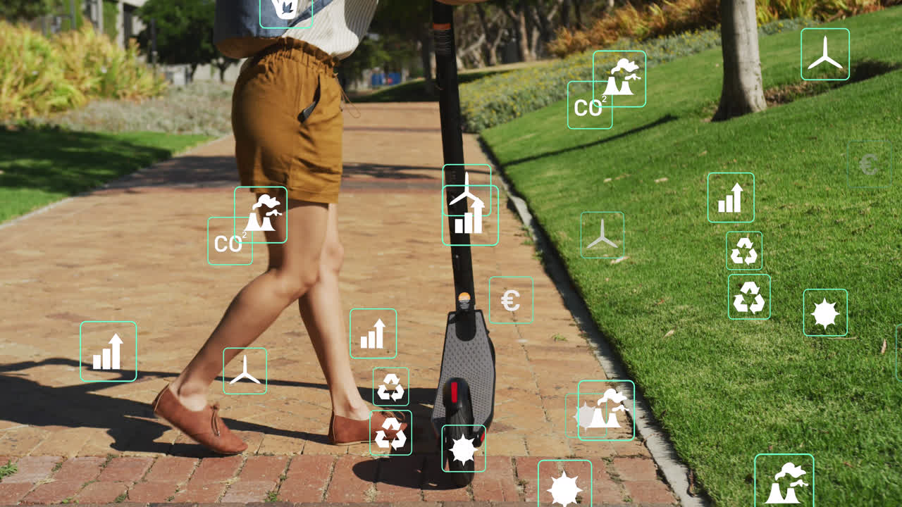 animación de iconos de ecología sobre mujer biracial montando scooter en el parque