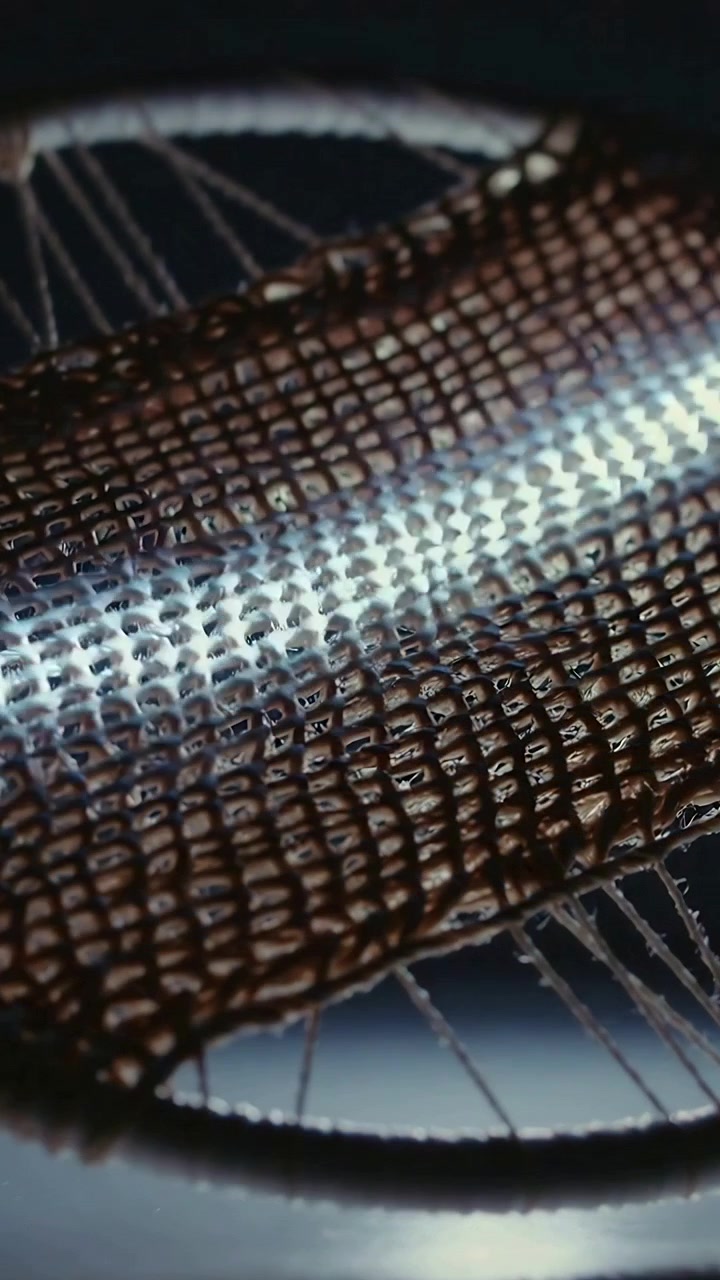 Vertical video: Shifting light sliding across mesh on hoop in studio, showing radial thread glints