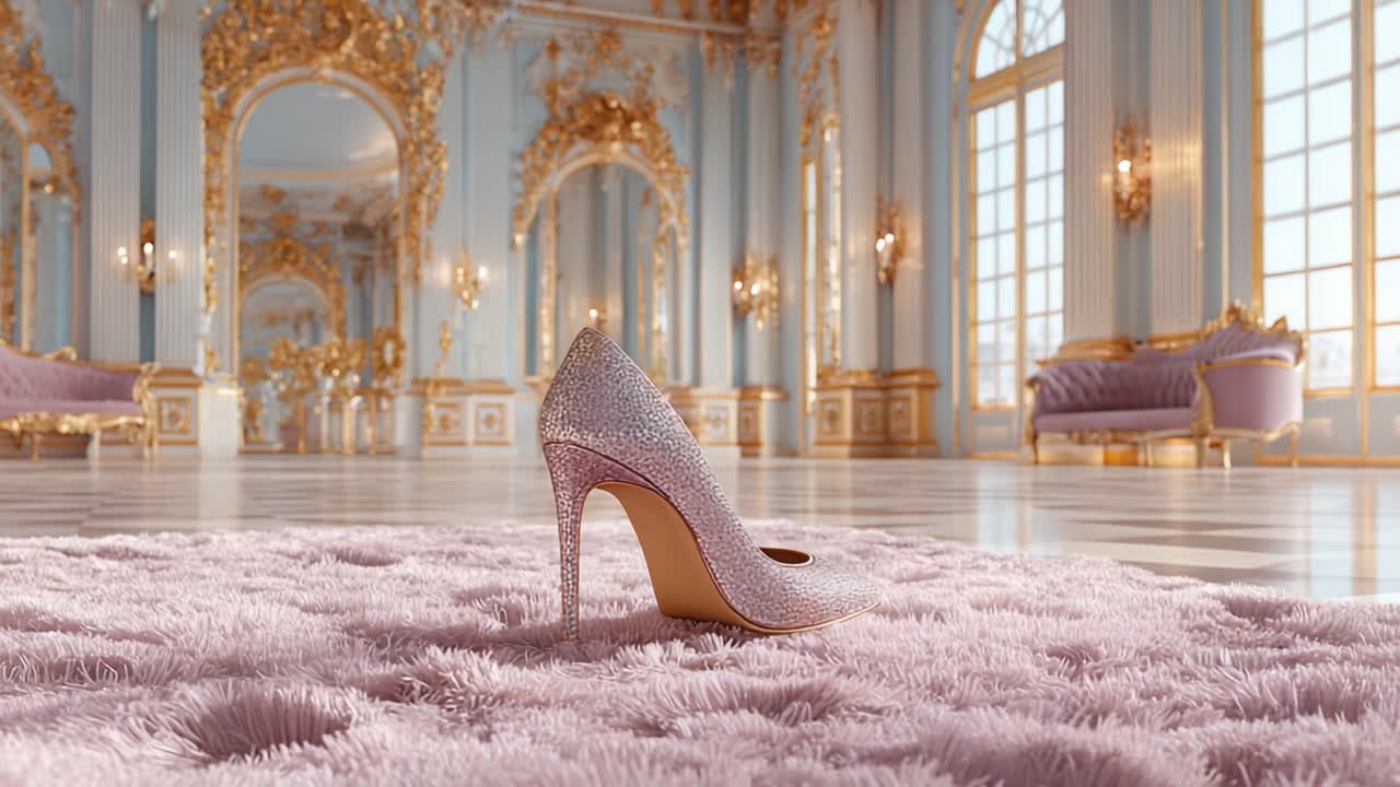 A Stunning Sparkling Pink Stiletto Shoe Elegantly Positioned on a Plush Lavender Rug in a Luxurious Palace Interior with Opulent Decor and Grand Architecture