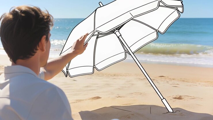 Vedendo un ombrello con contorno bianco, un uomo si allunga per regolare la copertura sulla riva verso il sole, tee, spazio per il testo.