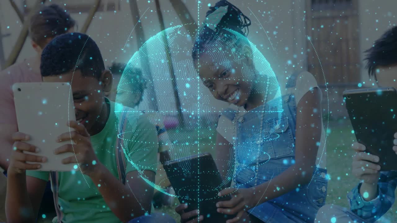Children tapping tablets on playground summoning rotating holographic globe for technology learning