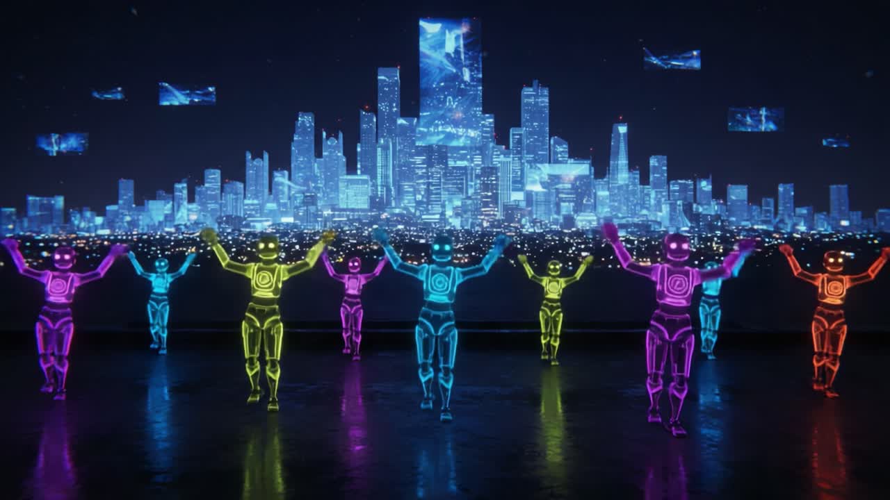 A Stunning Display of Neon Dancers Performing Against a Futuristic City Skyline, Blending Technology and Art in an Electrifying Visual Experience