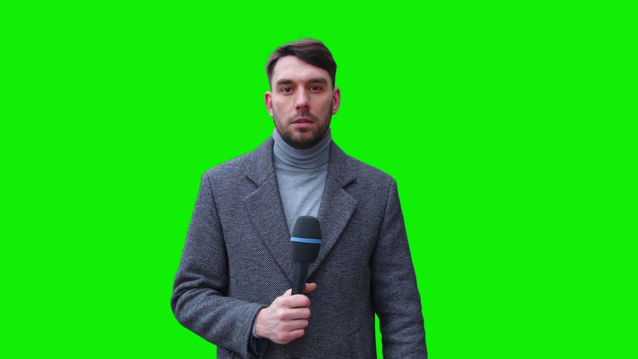 TV Live News Programme: Caucasian Male Presenter Reporting Green Screen Chroma Key Screen Picture. Television Cable Channel Anchor Talks. Network Broadcast Mock-up Playback