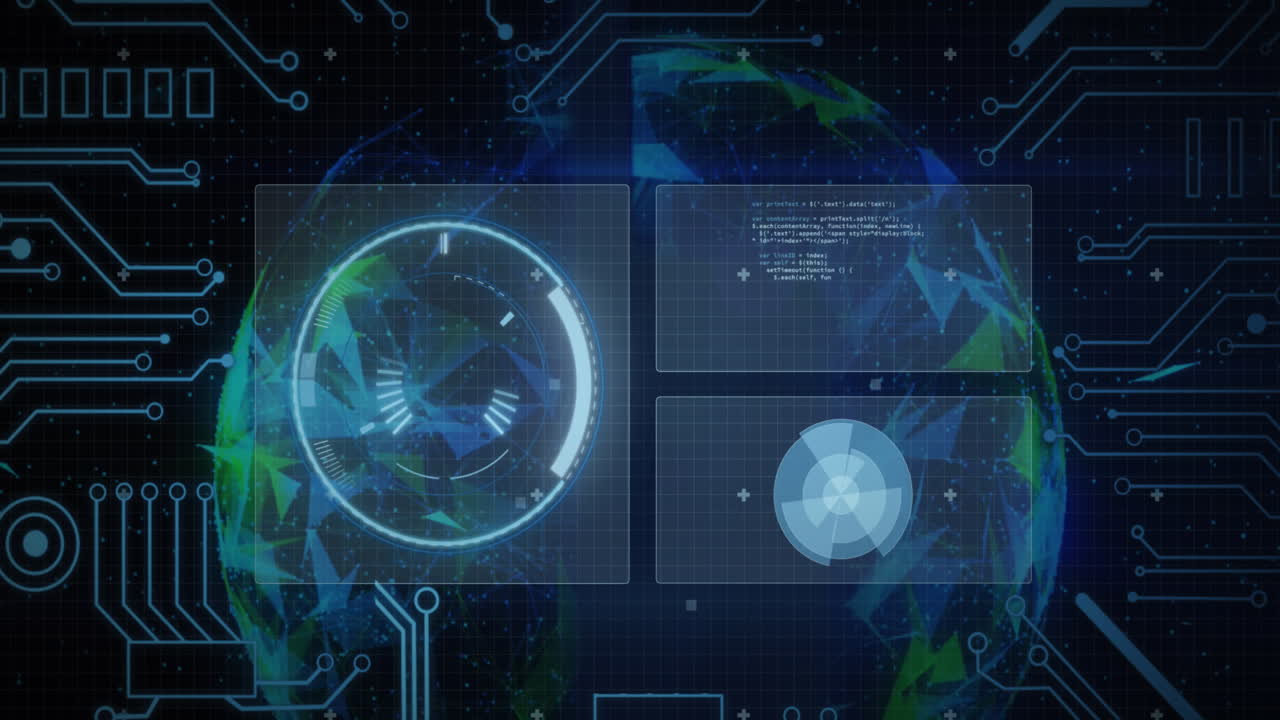 검은 바탕에 전 세계를 스캔하는 범위의 데이터 처리 애니메이션