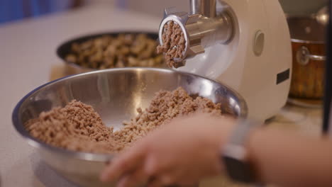 process of grinding meat in electric mincer