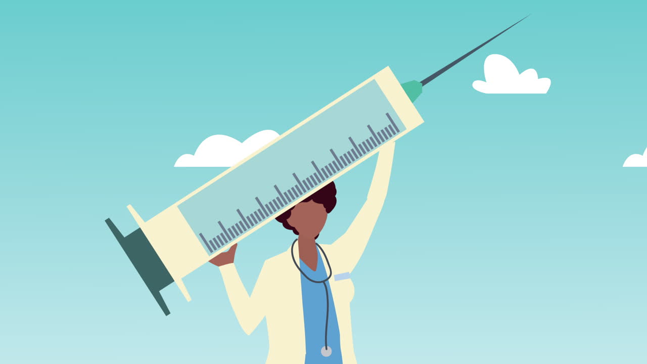 афро-женщина-доктор поднимает вакцину против covid-19 в небе