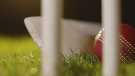 cricket still life with close up of ball and bat lying in grass behind stumps 6