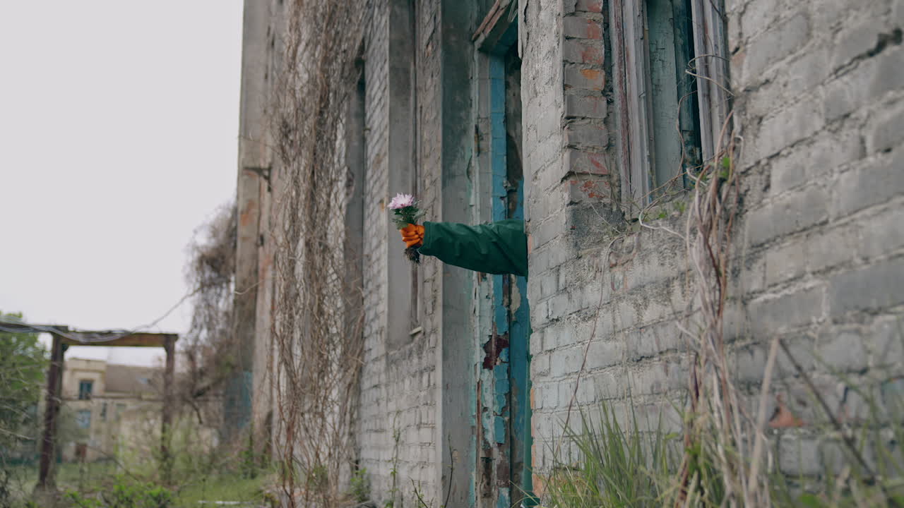 Hand with fresh flowers in abandoned place. Abandoned place after chemical attack. Human's hand in protective glove hold flowers. Ecological disaster.