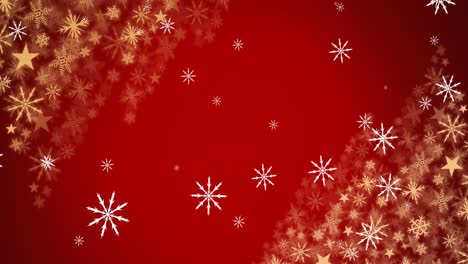 Animation-of-white-christmas-snowflakes-falling-over-gold-stars-and-snowflakes-on-red-background