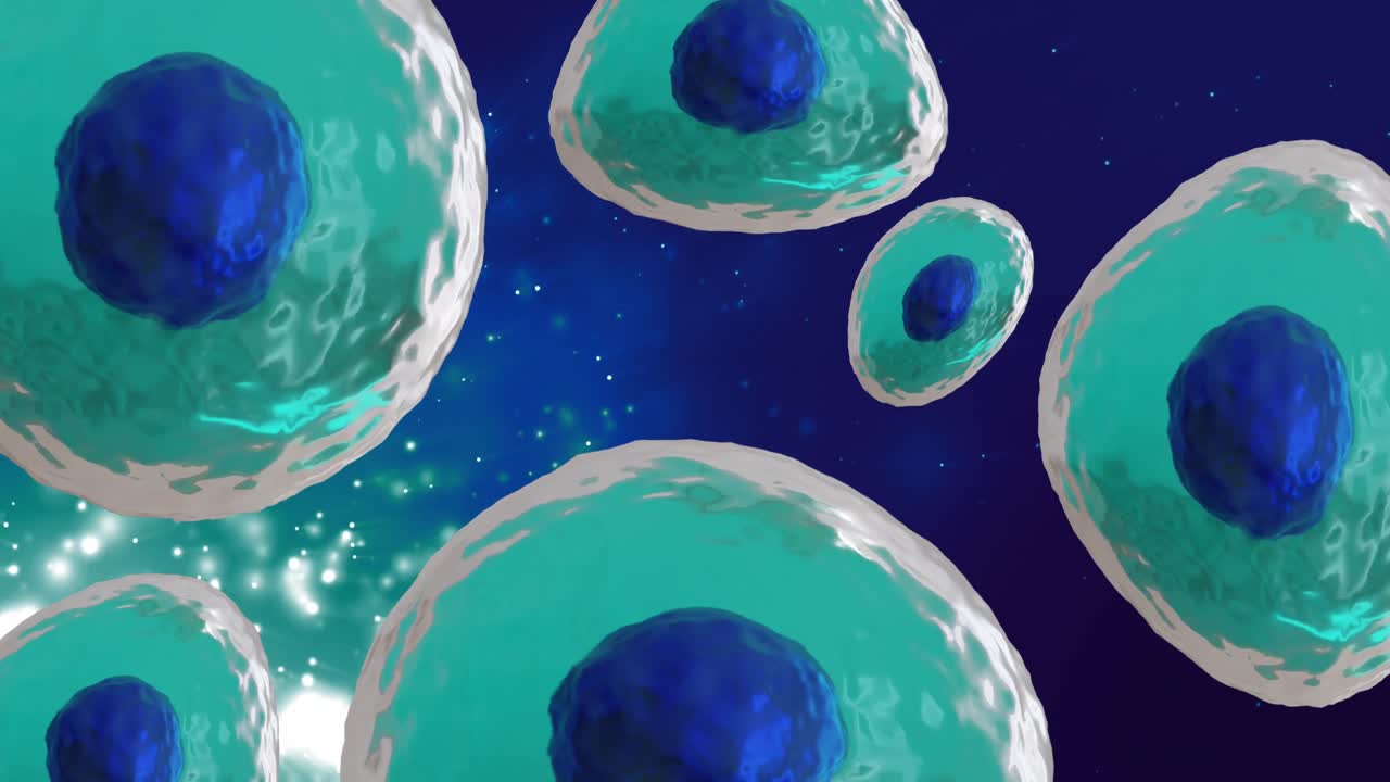 animación de micro de células azules y turquesas sobre un fondo de colores vibrantes