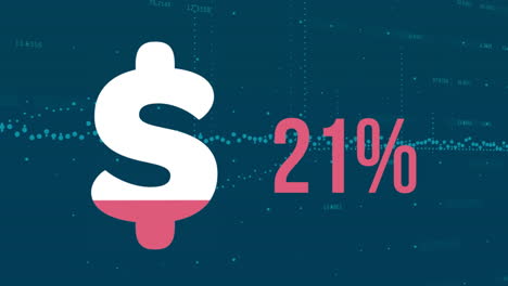 animación del símbolo del dólar llenándose, aumentando el porcentaje y el procesamiento de datos sobre fondo azul