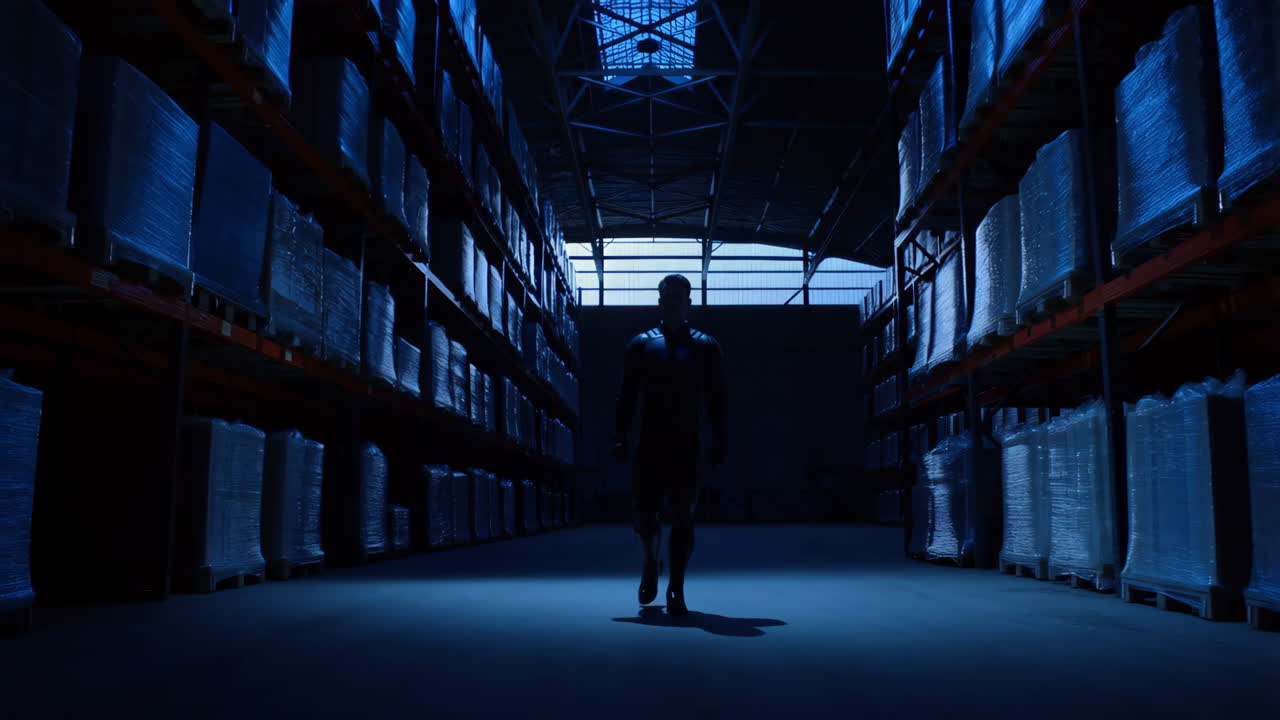 Silhouette of a man standing alone in a dark blue-lit warehouse aisle