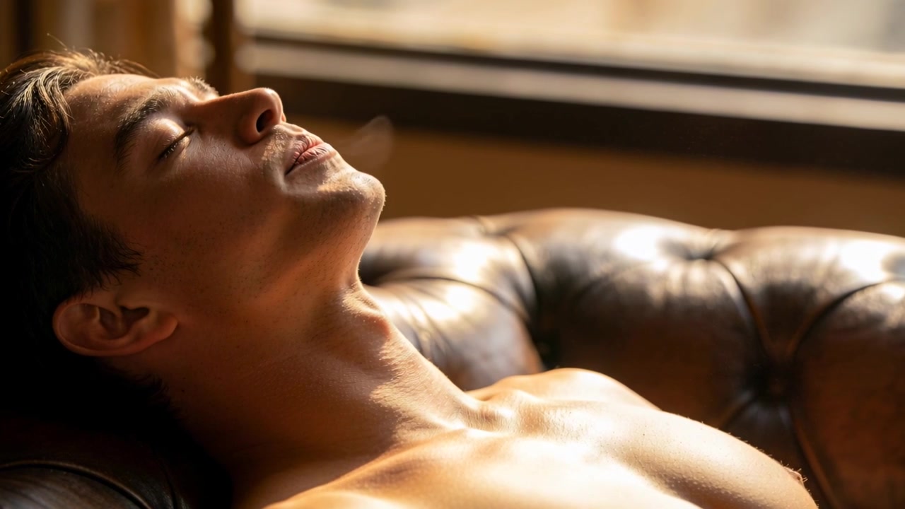 Uomo a torso nudo reclinato che si rilassa respirando lentamente su un divano capitonné vicino alla finestra, esalando vapore