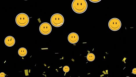Animation-Von-Goldenem-Konfetti,-Das-über-Lächelnde-Emojis-Auf-Schwarzem-Hintergrund-Fällt