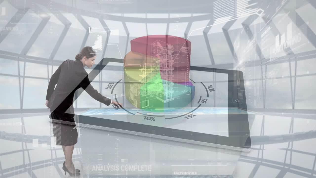 Analyzing colorful 3d chart on digital tablet animation, businesswoman in futuristic office