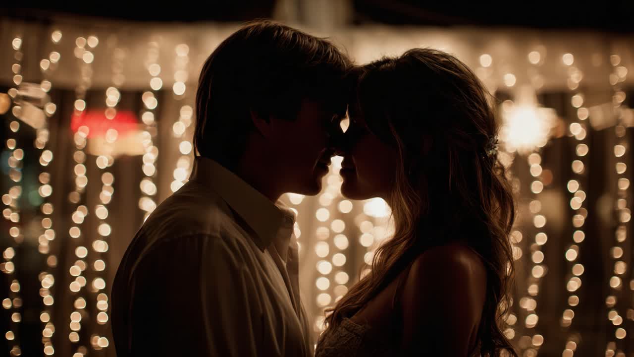 Intimate Moments Captured: A Romantic Silhouette of a Couple Against a Backdrop of Soft Lights, Emphasizing Love and Connection in a Magical Atmosphere