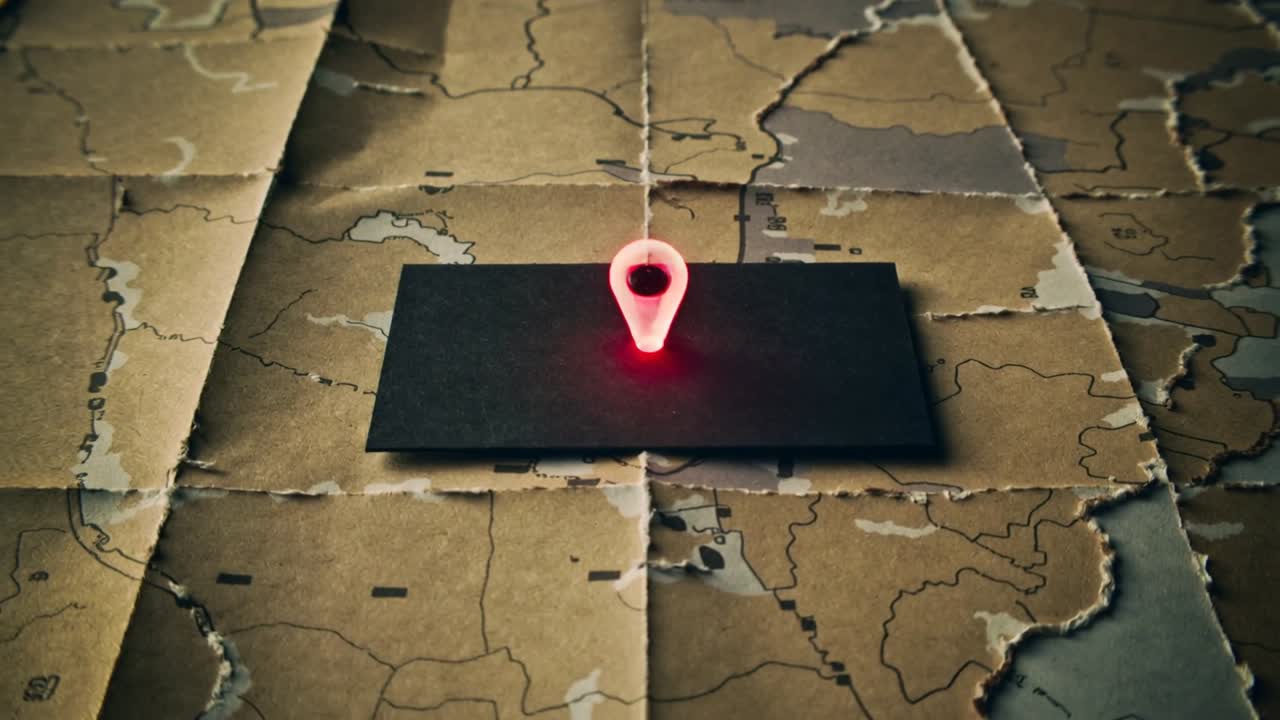 Light shift causing red marker on black base pulsing, settling on folded map, showing place