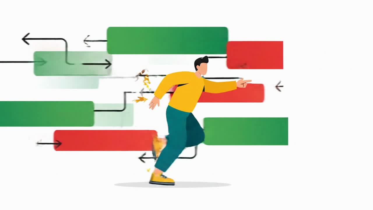 Illustrated Man Navigating a Complex Business Process Flowchart