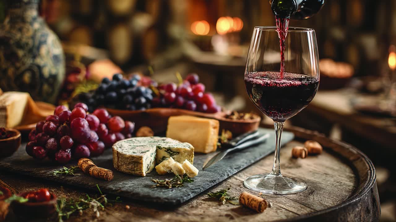 Un abbinamento elegante di corposo vino rosso e formaggi gourmet, arricchito da uva fresca, perfetto per un incontro intimo o un'esperienza culinaria unica