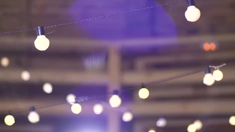 light-bulb-lamps-hanging-on-wires-in-a-wooden-interior,-shallow-depth-of-field-with-lens-flares