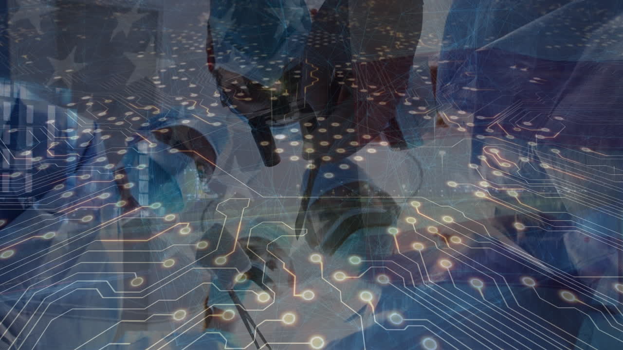 Animation of microprocessor connections over surgeons performing operation against city traffic