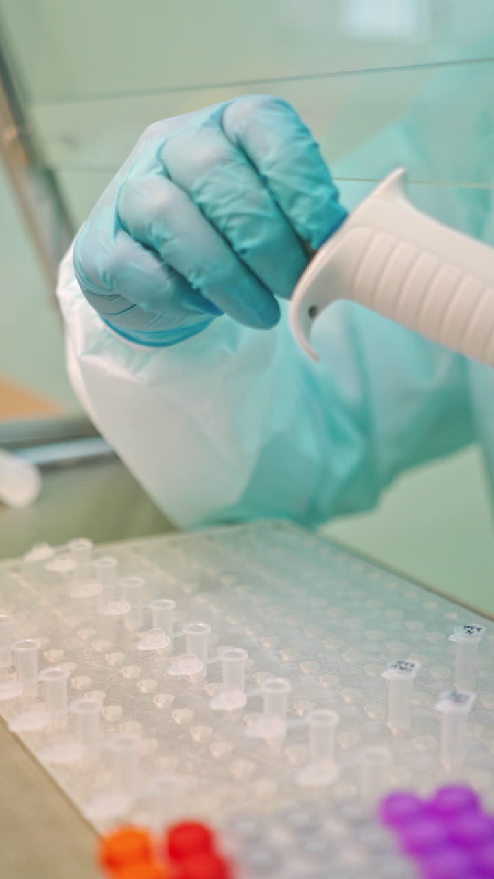 Worker in the laboratory. Laboratory technician in protective uniform is making research with different samples in clinic. Close-up. Vertical video