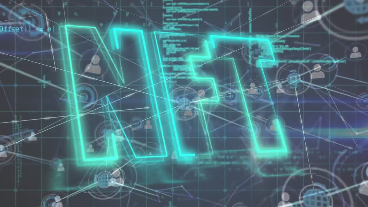 검은색 배경에 연결 네트워크와 함께 데이터 처리를 통해 nft 텍스트의 애니메이션