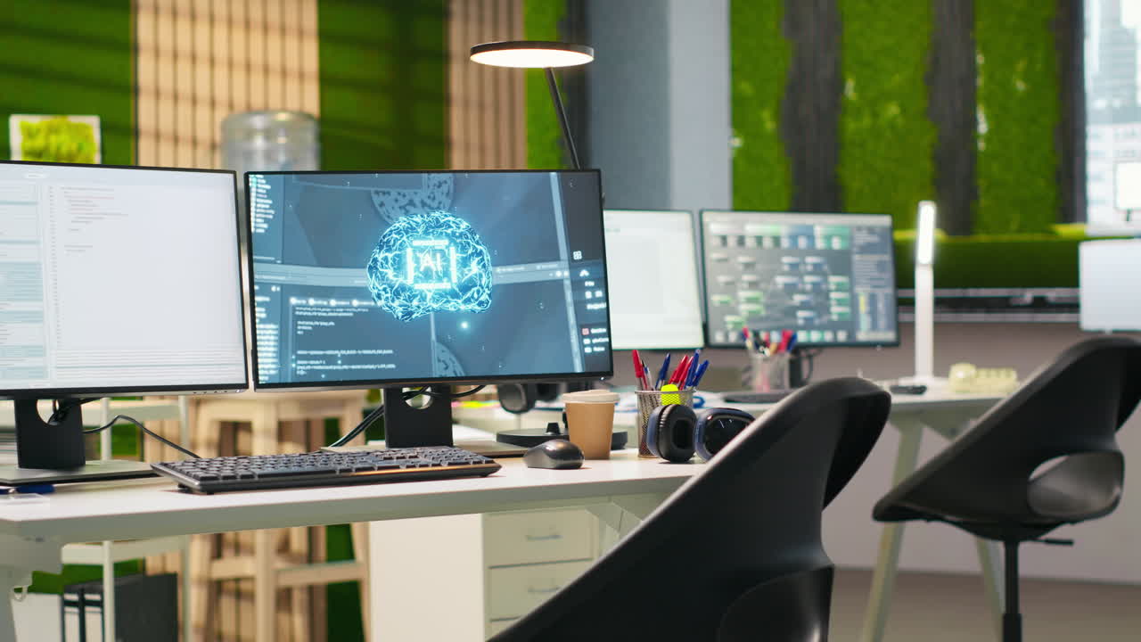 Empty Startup Office With Ai Neural Networks Program Running On Pc Monitors