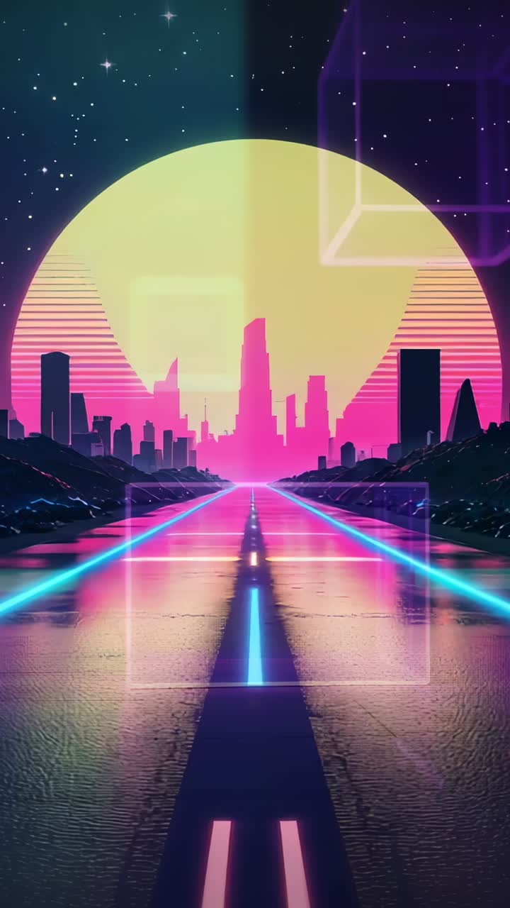 Vertical video: Pulsing neon-lit highway leading to skyline under giant sun, against starry sky