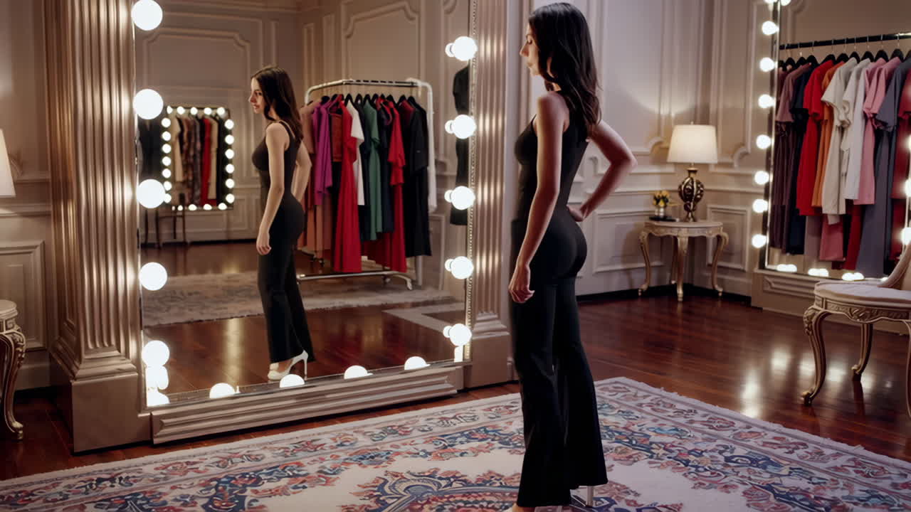 Woman Trying on Dresses in a Luxurious Dressing Room
