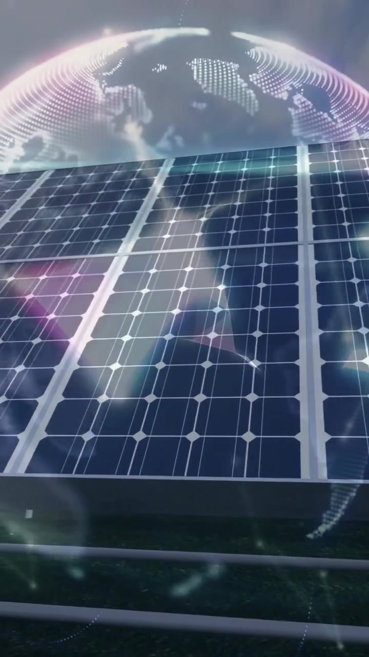 Video verticale: Telecamera ad angolo basso che avvia sovrapposizioni olografiche mentre i pannelli solari mappano la rete globale