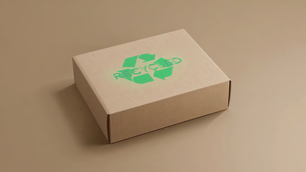 Showing box camera shifting perspective on beige tabletop to highlight green RECYCLED logo