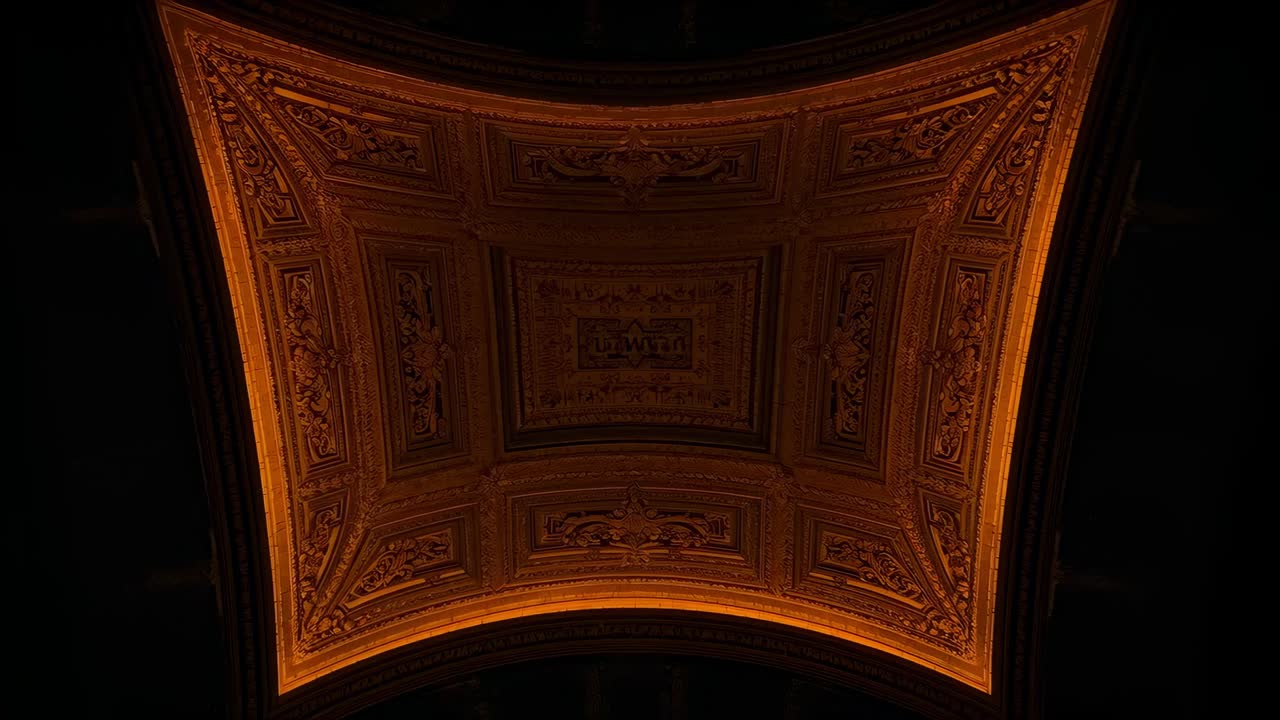 Tilting camera zooming out, revealing coffered ceiling panel at hall to show lit cornice