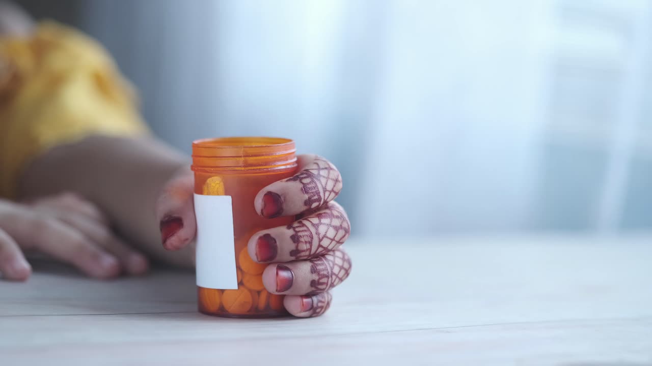 mano sosteniendo una botella de pastillas con diseño de henna