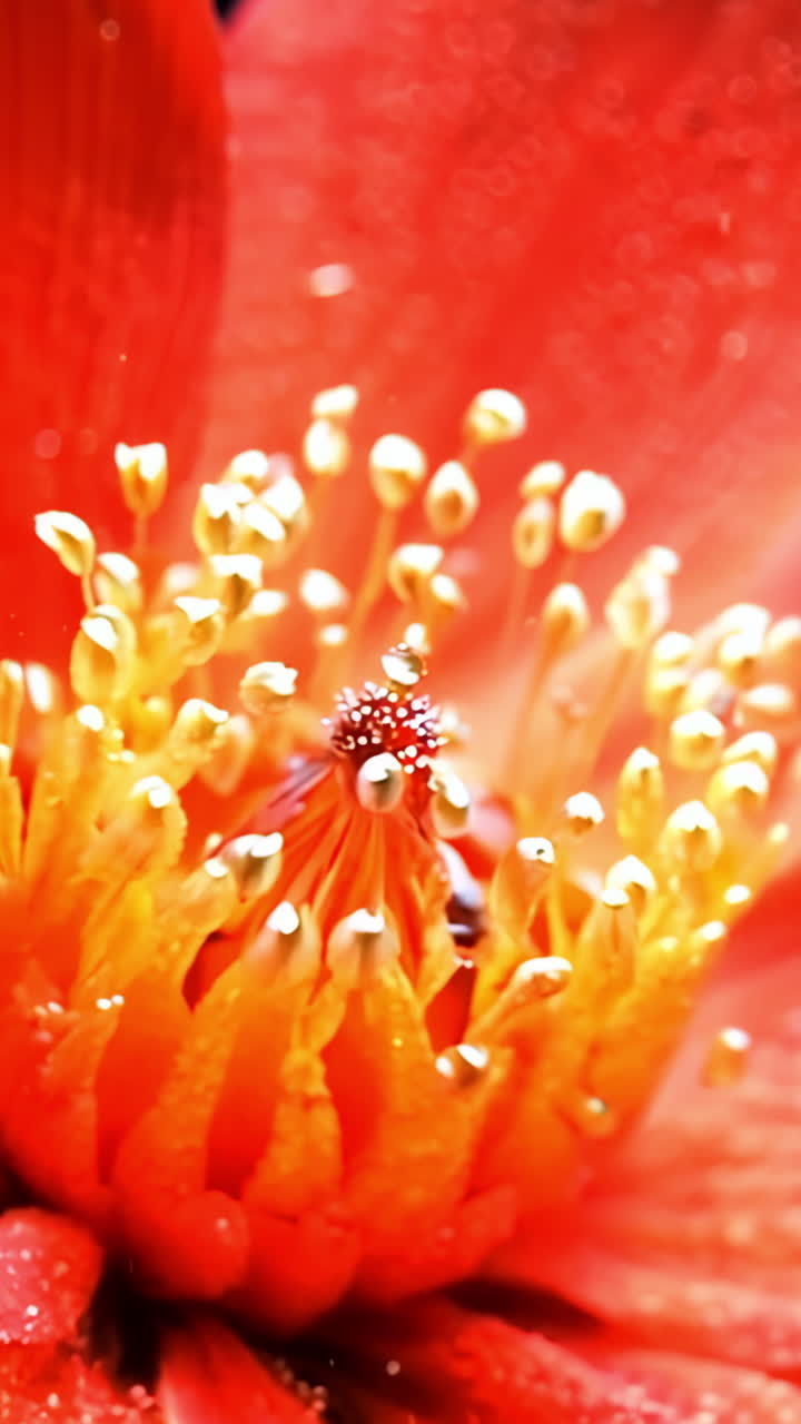 A close up of a red flower with water droplets on it. The flower is surrounded by a blurry background, giving it a dreamy, ethereal quality