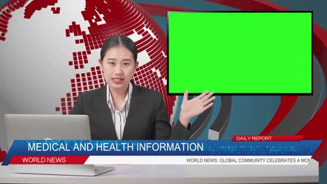 live news studio with asian professional female anchor, computer, and green screen television pointing to side while reporting on the events of the day